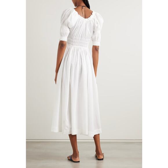 DOEN Ischia Shirred White Organic Cotton-Voile Midi Dress Size Large - Picture 3 of 10